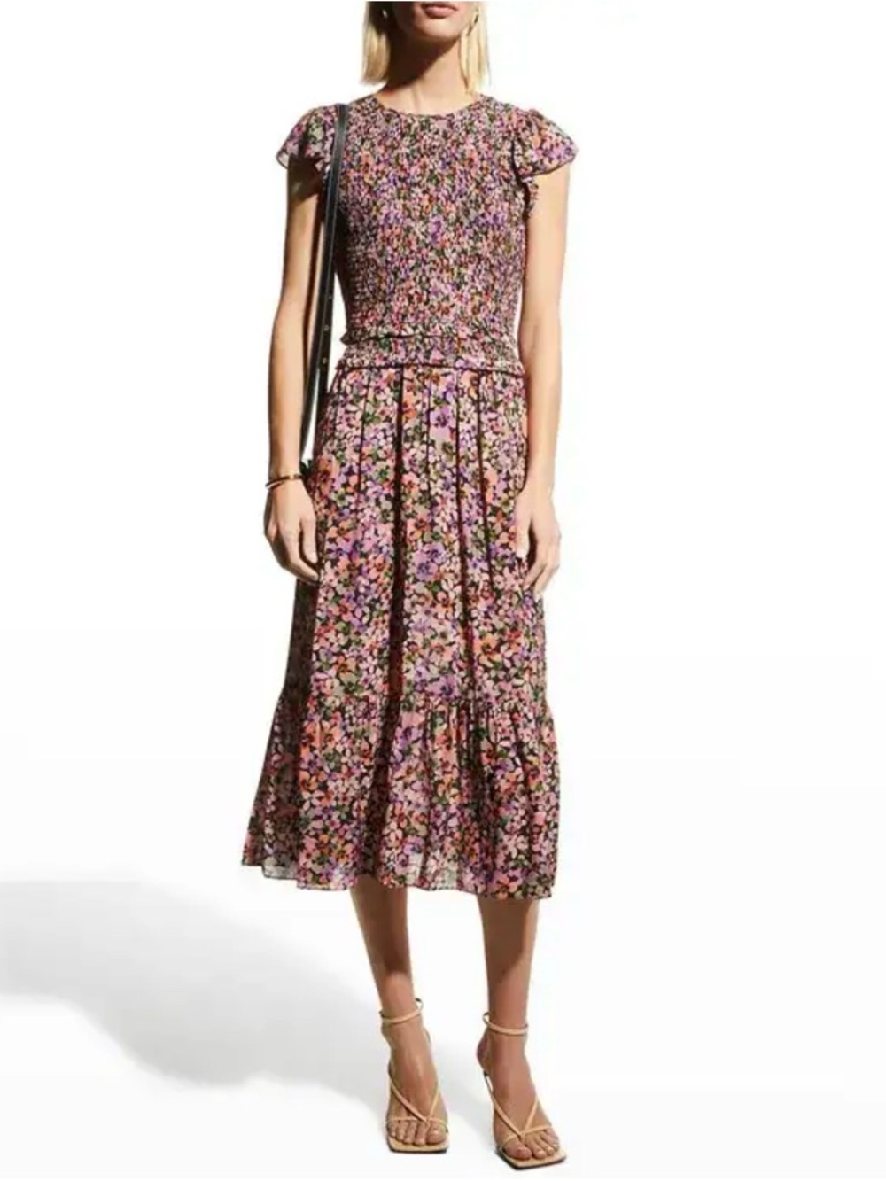 Shoshanna Parker Pink Multicolor Floral Midi smocked Dress flutter sleeve sz 2